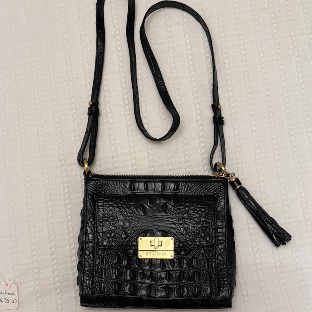Brahmin Black Croc-Embossed Crossbody Bag with Gold Accents